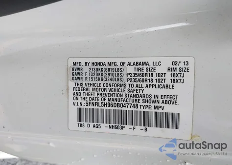 2013 Honda Odyssey Touring/Touring Elite from USA, damaged, VIN 5FNRL5H96DB047748